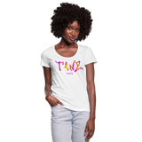 TANZ - Frauen T-Shirt mit U-Ausschnitt - in versch. Farben - Schriftzug vorne - batikmuster bunt - Weiß