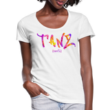 TANZ - Frauen T-Shirt mit U-Ausschnitt - in versch. Farben - Schriftzug vorne - batikmuster bunt - Weiß