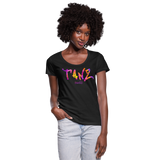 TANZ - Frauen T-Shirt mit U-Ausschnitt - in versch. Farben - Schriftzug vorne - batikmuster bunt - Schwarz