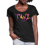 TANZ - Frauen T-Shirt mit U-Ausschnitt - in versch. Farben - Schriftzug vorne - batikmuster bunt - Schwarz