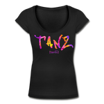 TANZ - Frauen T-Shirt mit U-Ausschnitt - in versch. Farben - Schriftzug vorne - batikmuster bunt - Schwarz