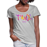 TANZ - Frauen T-Shirt mit U-Ausschnitt - in versch. Farben - Schriftzug vorne - batikmuster bunt - Grau meliert