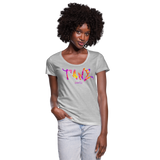 TANZ - Frauen T-Shirt mit U-Ausschnitt - in versch. Farben - Schriftzug vorne - batikmuster bunt - Grau meliert