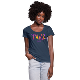 TANZ - Frauen T-Shirt mit U-Ausschnitt - in versch. Farben - Schriftzug vorne - batikmuster bunt - Navy