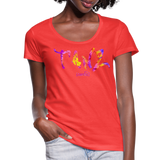 TANZ - Frauen T-Shirt mit U-Ausschnitt - in versch. Farben - Schriftzug vorne - batikmuster bunt - Koralle