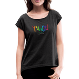 TANZ - Pride - Frauen T-Shirt mit gerollten Ärmeln - Boyfriend Stil- Aufdruck vorne regenbogenfarben - Schwarz meliert