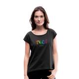TANZ - Pride - Frauen T-Shirt mit gerollten Ärmeln - Boyfriend Stil- Aufdruck vorne regenbogenfarben - Schwarz meliert
