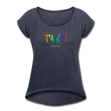 TANZ - Pride - Frauen T-Shirt mit gerollten Ärmeln - Boyfriend Stil- Aufdruck vorne regenbogenfarben - Navy meliert