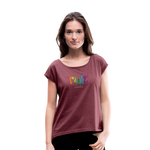 TANZ - Pride - Frauen T-Shirt mit gerollten Ärmeln - Boyfriend Stil- Aufdruck vorne regenbogenfarben - Bordeauxrot meliert