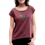 TANZ - Pride - Frauen T-Shirt mit gerollten Ärmeln - Boyfriend Stil- Aufdruck vorne regenbogenfarben - Bordeauxrot meliert