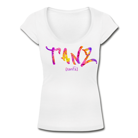 TANZ - Frauen T-Shirt mit U-Ausschnitt - in versch. Farben - Schriftzug vorne - batikmuster bunt - Weiß