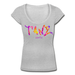 TANZ - Frauen T-Shirt mit U-Ausschnitt - in versch. Farben - Schriftzug vorne - batikmuster bunt - Grau meliert