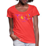 TANZ - Frauen T-Shirt mit U-Ausschnitt - in versch. Farben - Schriftzug vorne - batikmuster bunt - Koralle