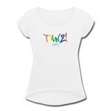 TANZ - Pride - Frauen T-Shirt mit gerollten Ärmeln - Boyfriend Stil- Aufdruck vorne regenbogenfarben - Weiß