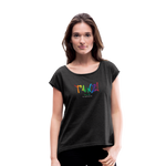 TANZ - Pride - Frauen T-Shirt mit gerollten Ärmeln - Boyfriend Stil- Aufdruck vorne regenbogenfarben - Schwarz meliert