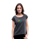 TANZ - Pride - Frauen T-Shirt mit gerollten Ärmeln - Boyfriend Stil- Aufdruck vorne regenbogenfarben - Navy meliert