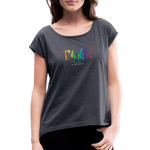 TANZ - Pride - Frauen T-Shirt mit gerollten Ärmeln - Boyfriend Stil- Aufdruck vorne regenbogenfarben - Navy meliert