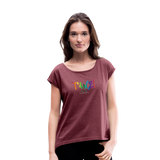 TANZ - Pride - Frauen T-Shirt mit gerollten Ärmeln - Boyfriend Stil- Aufdruck vorne regenbogenfarben - Bordeauxrot meliert